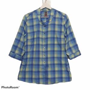 Helly Hansen Plaid Top Button Front Blue Yellow Blouse Womens Medium